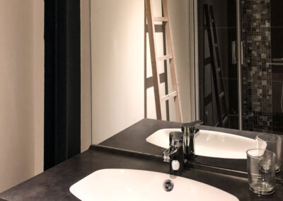 salle de bain avec vasque et douche à l'italienne de couleur sombre